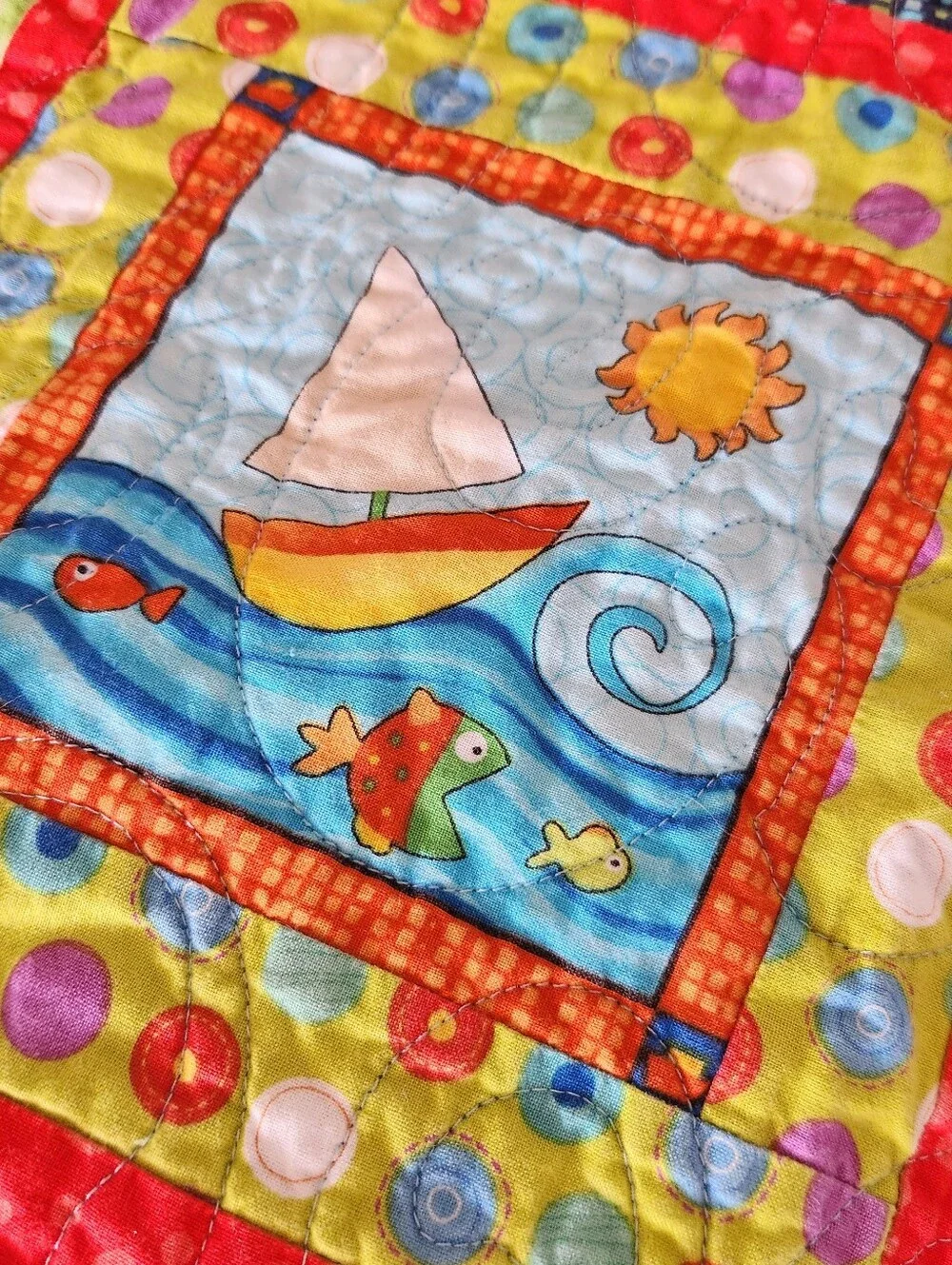 HANDMADE Patchwork Quilt Twin Yellow Kids Cotton Bedding Fish Sail Boat 40 x 70